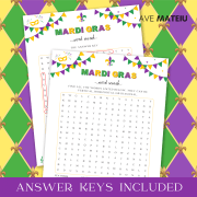 Image featuring the text "Answer Keys Included" and an example of printable game: Mardi Gras Word Search and the answer key.
