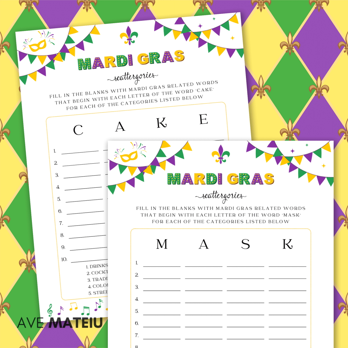 Image with examples from the Printable Mardi Gras Party Games and Activities bundle: printable Mardi Gras scattergories - 2 pages.