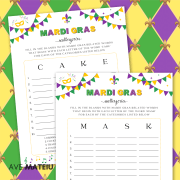 Image with examples from the Printable Mardi Gras Party Games and Activities bundle: printable Mardi Gras scattergories - 2 pages.