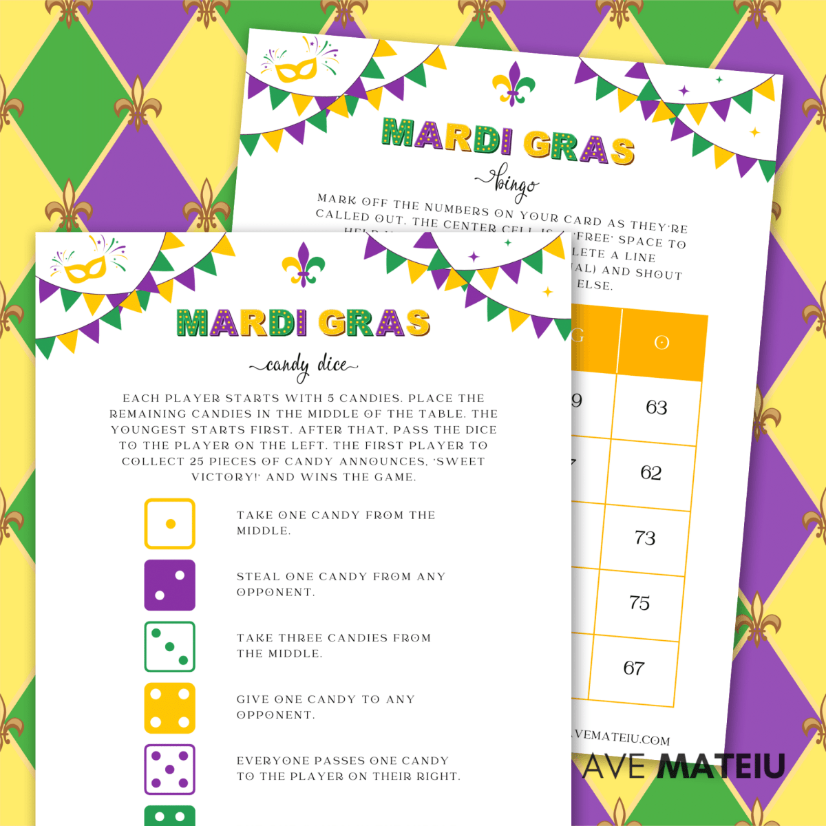 Image with examples from the Printable Mardi Gras Party Games and Activities bundle: printable Mardi Gras candy dice and Mardi Gras Bingo.