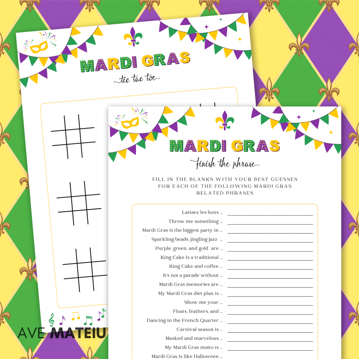 Image with examples from the Printable Mardi Gras Party Games and Activities bundle: printable Mardi Gras finish the phrase and Mardi Gras tic tac toe.