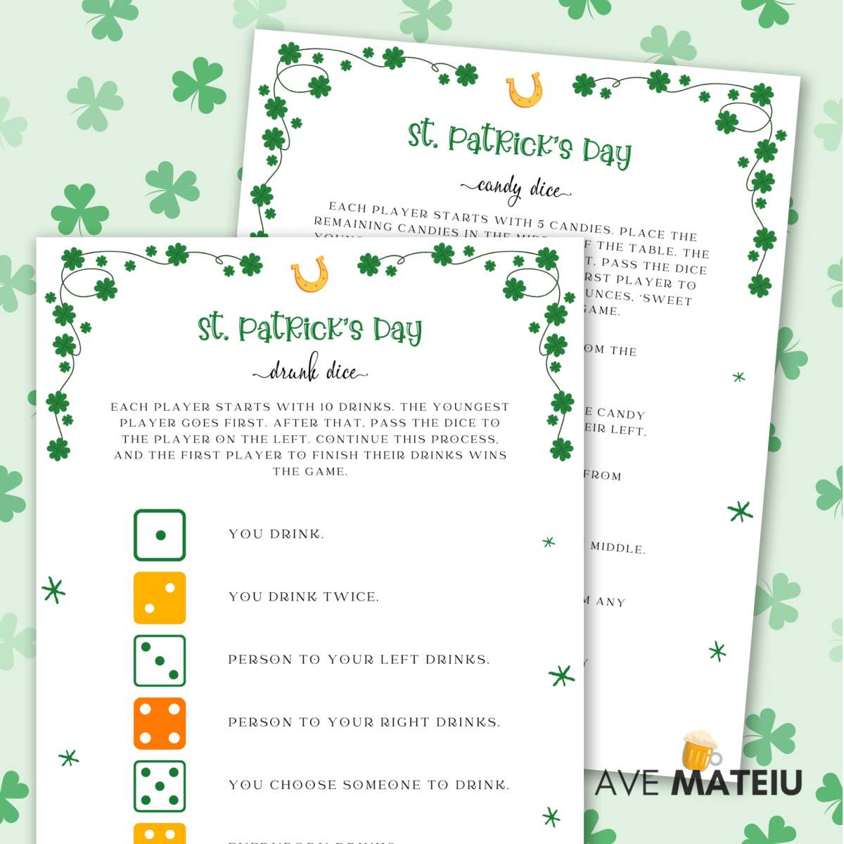 Image with examples of printable games: St. Patrick's Day drunk dice and St. Patrick's Day candy dice.