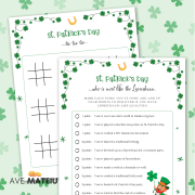 Image with examples of printable games: St. Patrick's Day what's the leprechaun thinking and St. Patrick's Day tic tac toe.