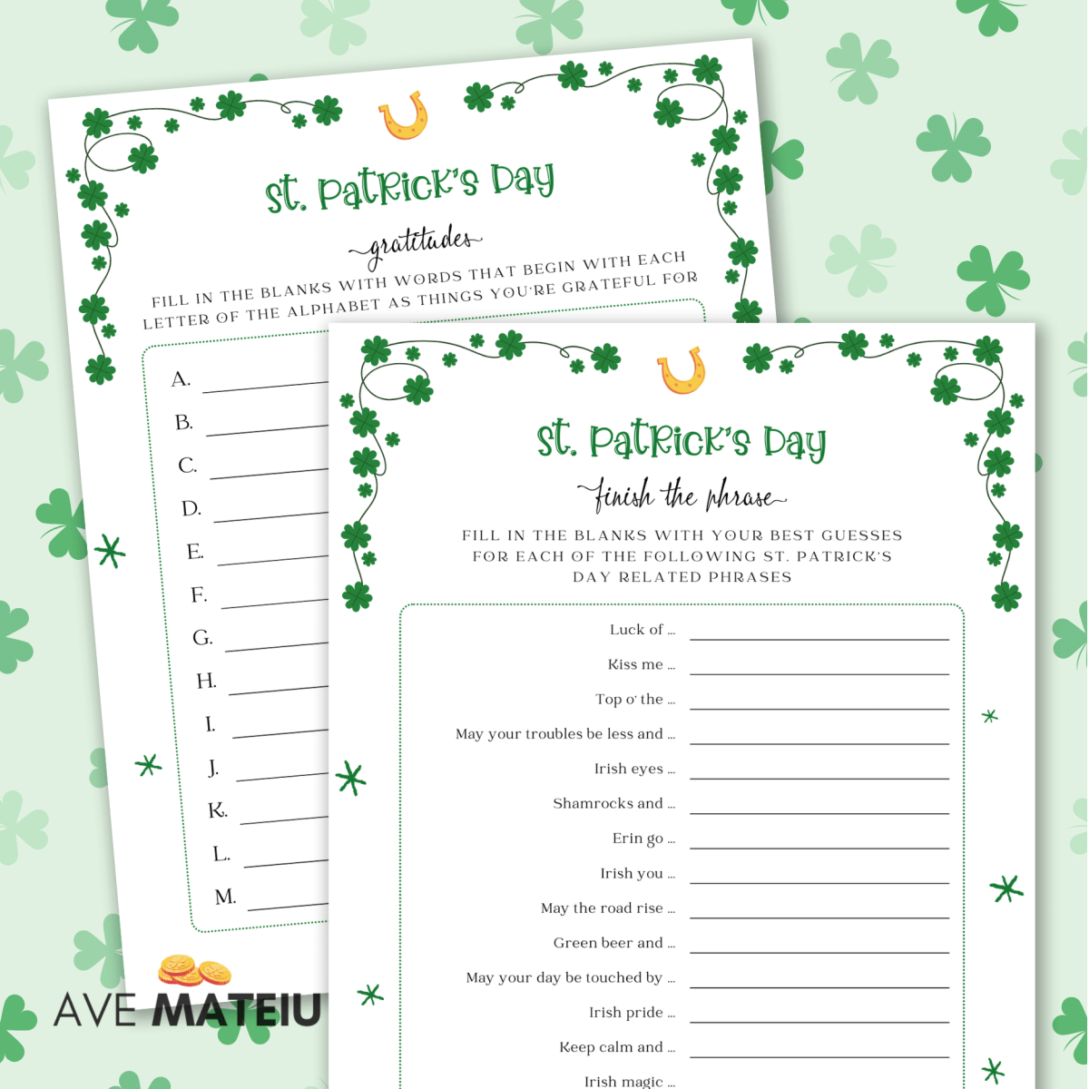 Image with examples of printable games: St. Patrick's Day wfinish the phrase and St. Patrick's Day gratitudes.