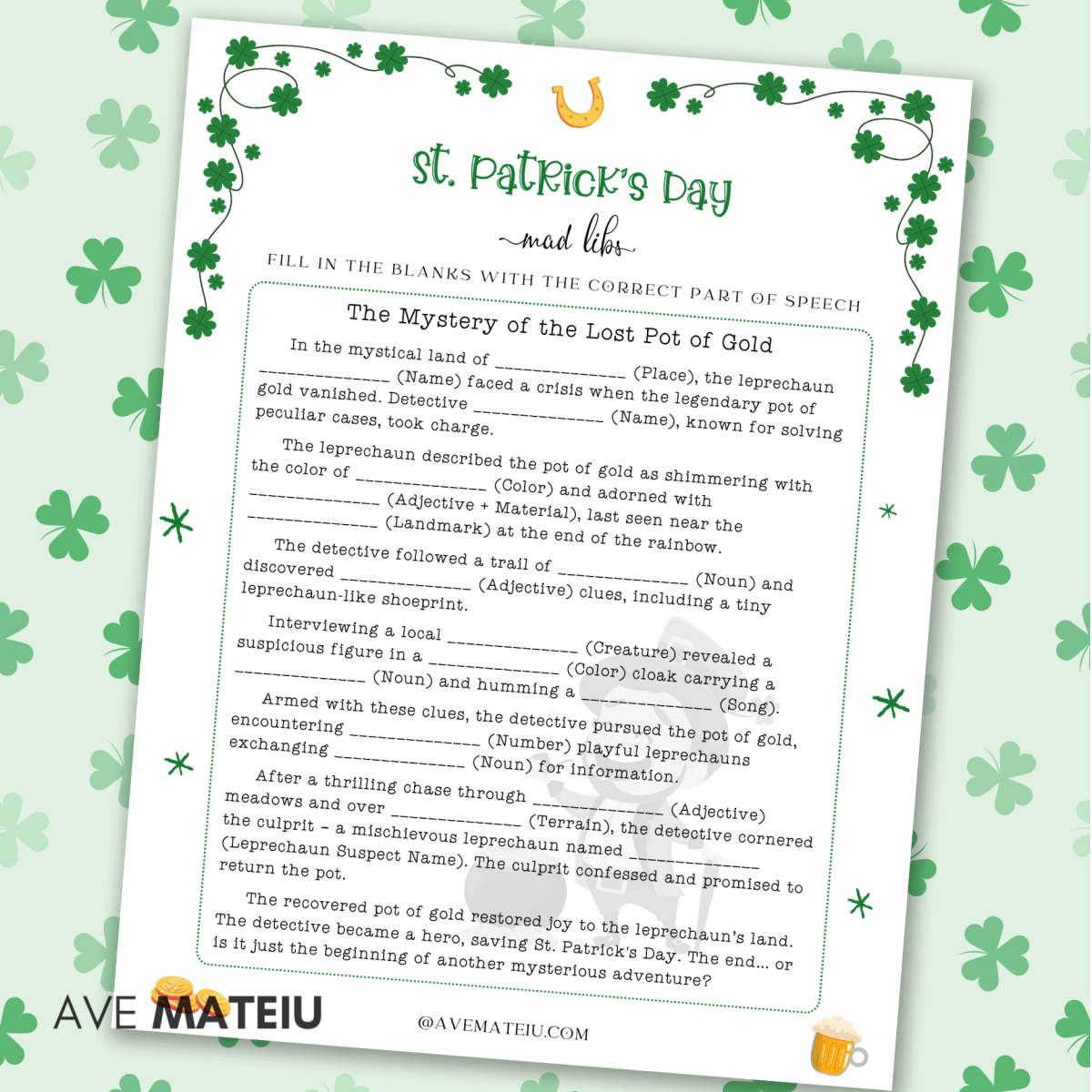 Image with an example of a printable game: St. Patrick's Day mad libs.