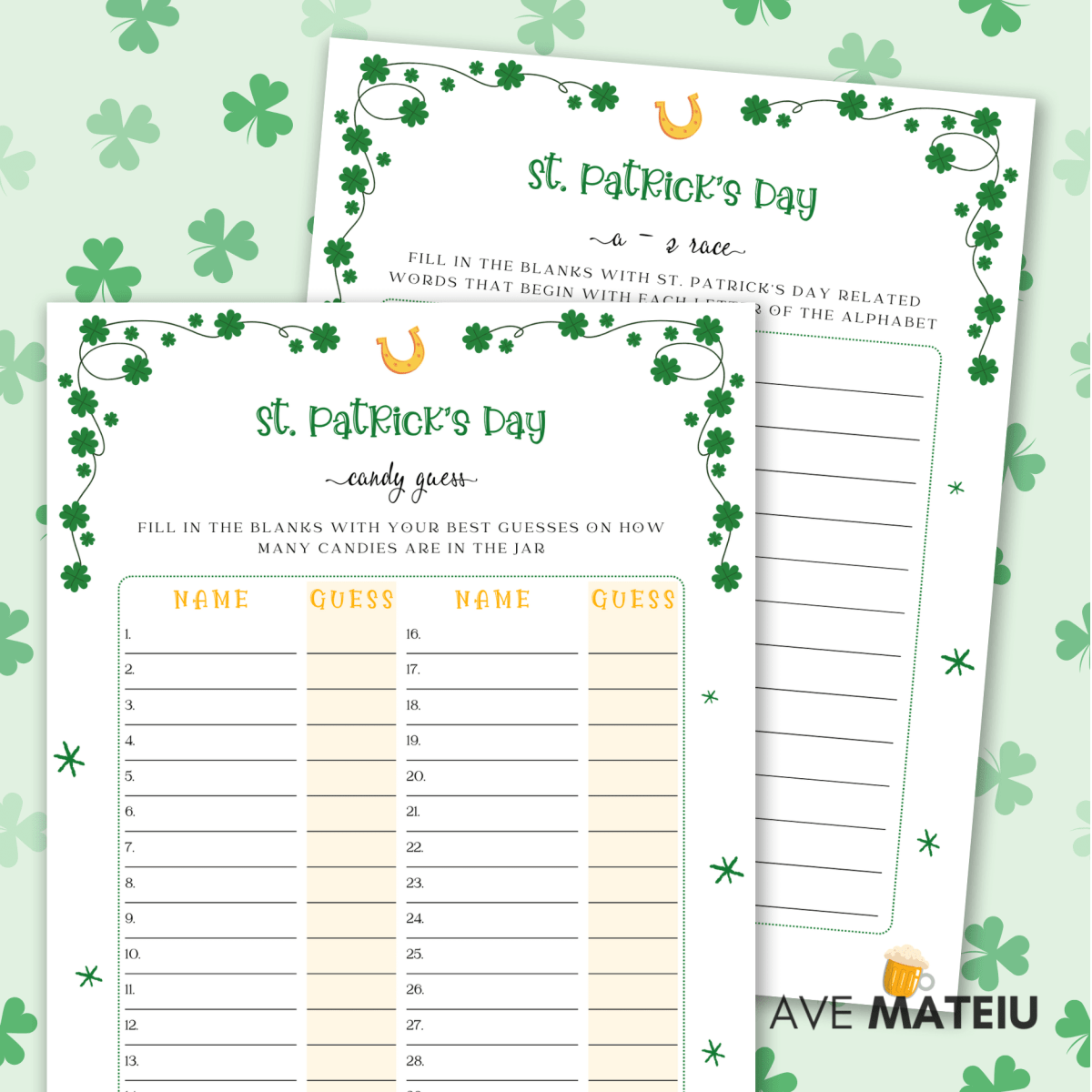 Image with examples of printable games: St. Patrick's Day candy guess and St. Patrick's Day a to z race.