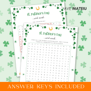 Image featuring the text "Answer Keys Included" and an example of printable game: St. Patrick's Day Word Search and the answer key.