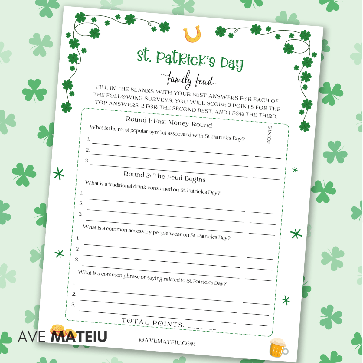 Image with an example of a printable game: St. Patrick's Day family feud.