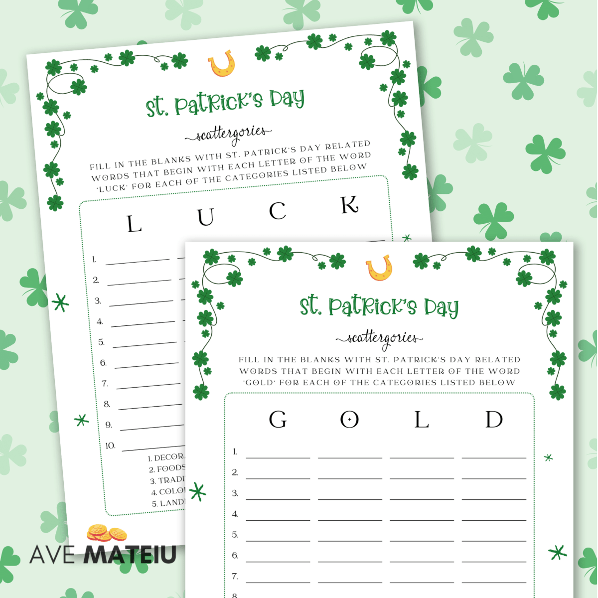 Image with examples of printable games: St. Patrick's Day scattergories.
