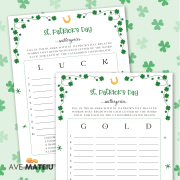 Image with examples of printable games: St. Patrick's Day scattergories.