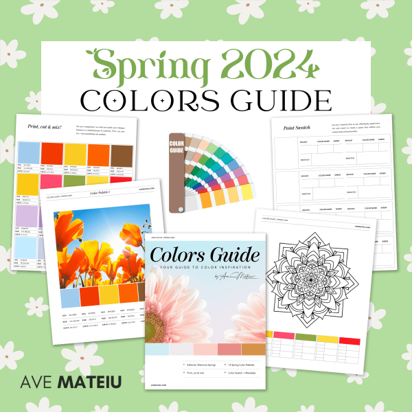 Image featuring the text: FREE Spring 2024 Colors Guide with example of color palettes, paint swatches, and mandala coloring page.