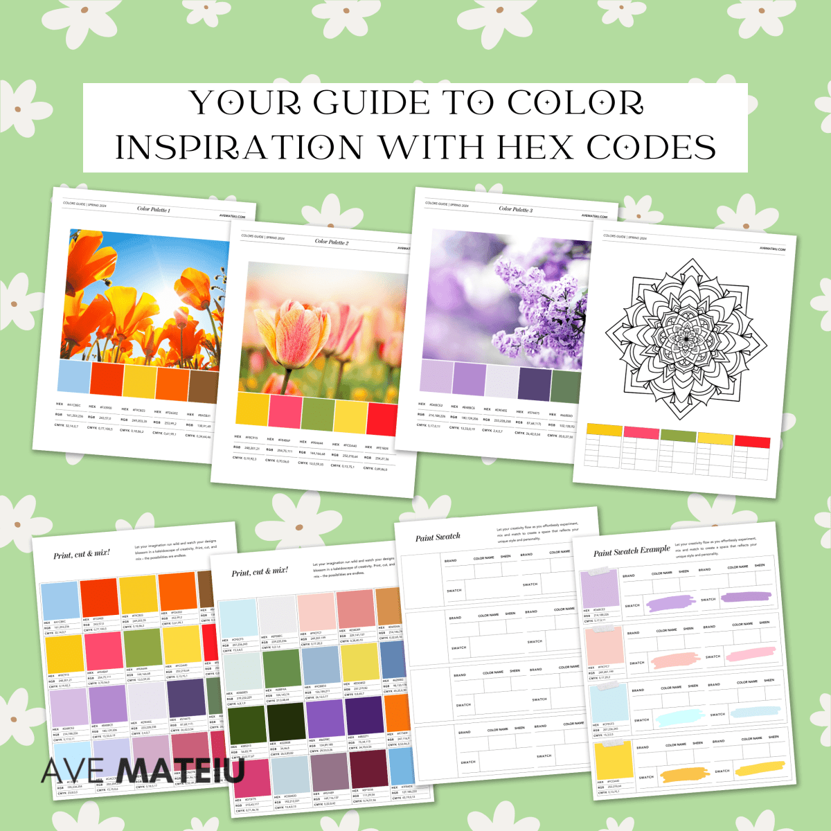 Image featuring the text: Your guide to color inspiration with hex codes with example of color palettes, paint swatches, and mandala coloring page.
