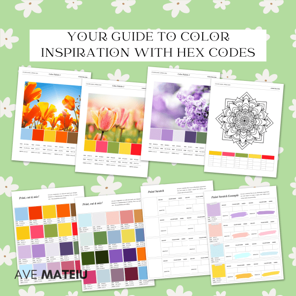 Image featuring the text: Your guide to color inspiration with hex codes with example of color palettes, paint swatches, and mandala coloring page.