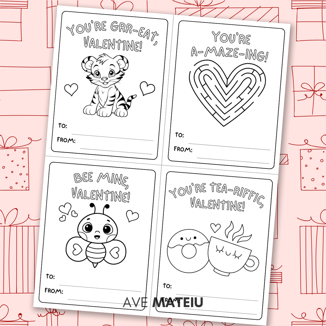 Image featuring examples of free printable Valentine's Day coloring cards: "You're grr-eat, Valentine" and a cute tiger coloring page, "You're a-maze-ing!" and a heart maze coloring page, "Bee mine, Valentine" and a Valentine bee coloring page, "You're tea-riffic, Valentine" and a donut with a cup coloring page.