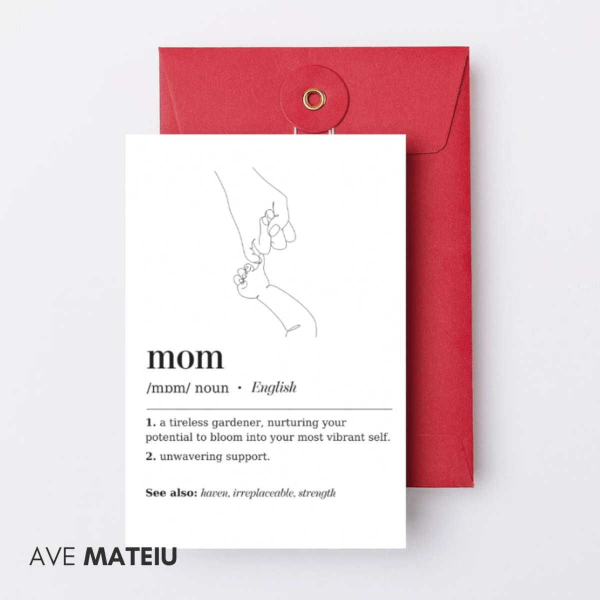Image featuring the greetings card with the text: Mom definition - Mother's Day Printable Wall Art + the definition of the noun word 'mom': 1. a tireless gardener, nurturing your potential to bloom into your most vibrant self and 2. unwavering support.
