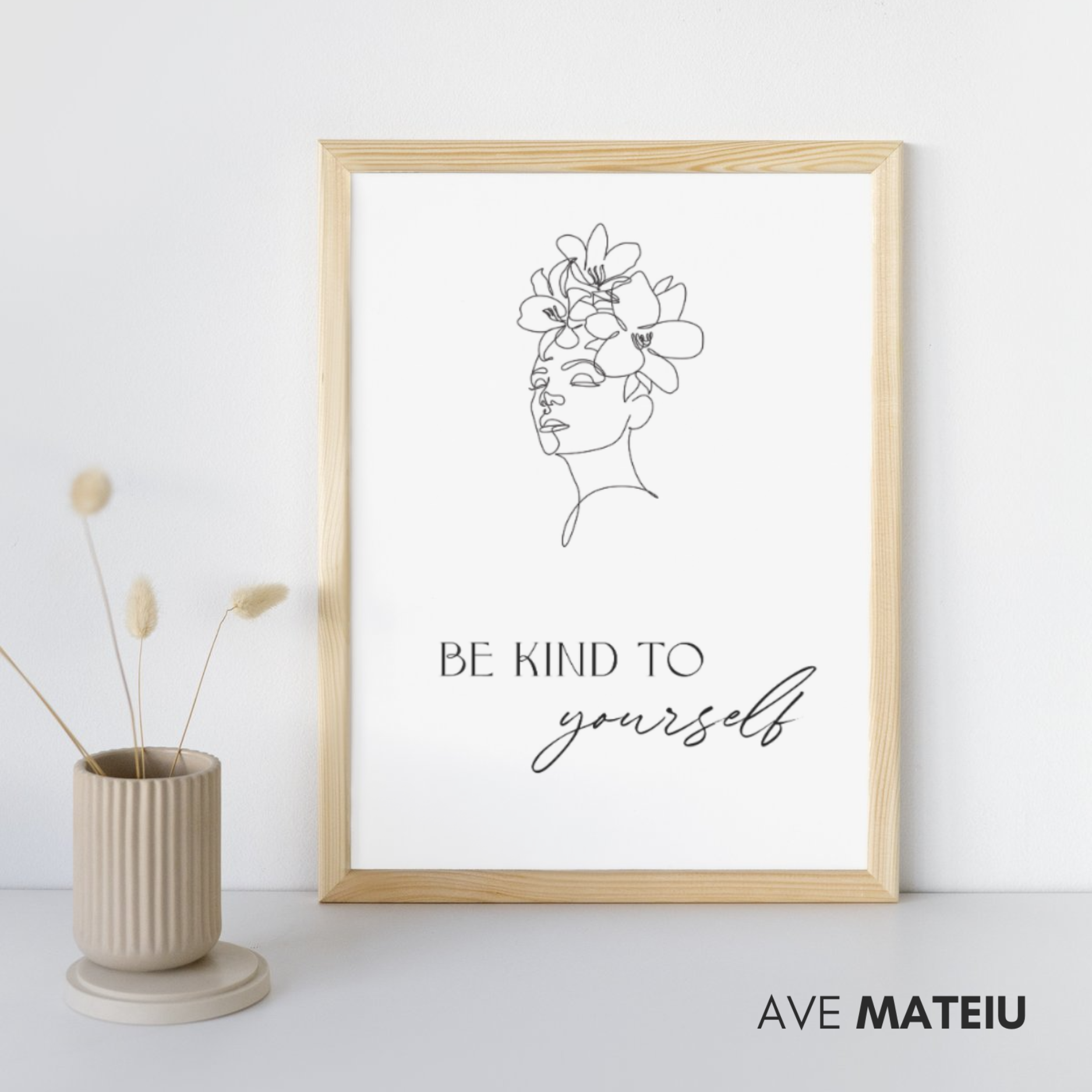Image featuring a framed wood canva and the text: Be Kind to Yourself Wall Art Printable Quote