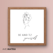Image featuring a framed dark wood canva and the text: Be Kind to Yourself Wall Art Printable Quote