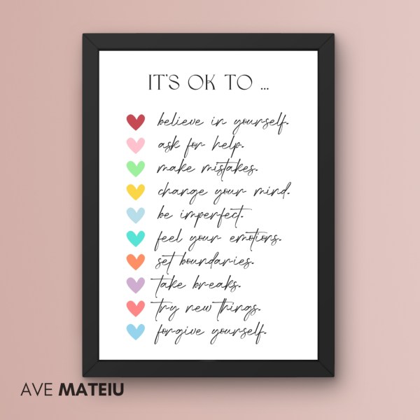 Image featuring the text: It’s Ok to Believe in Yourself Boho Wall Art Printable Sayings: it’s ok to believe in yourself, ask for help, make mistakes, change your mind, be imperfect, feel your emotions, set boundaries, take breaks, try new things, forgive yourself.