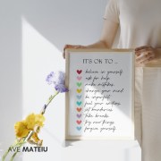 Image featuring a framed wood canva, some flowers and the text: It’s Ok to Believe in Yourself Boho Wall Art Printable Sayings: it’s ok to believe in yourself, ask for help, make mistakes, change your mind, be imperfect, feel your emotions, set boundaries, take breaks, try new things, forgive yourself.