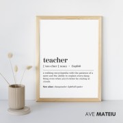 Teacher Definition Printable Minimalist Wall Art 2 Image featuring the wooden canva frame with the text: Teacher Definition Printable Minimalist Wall Art + the definition of the noun word 'teacher': a walking encyclopedia with the patience of a saint and the ability to explain every-dang-thing even when you'd rather be staring at clouds.