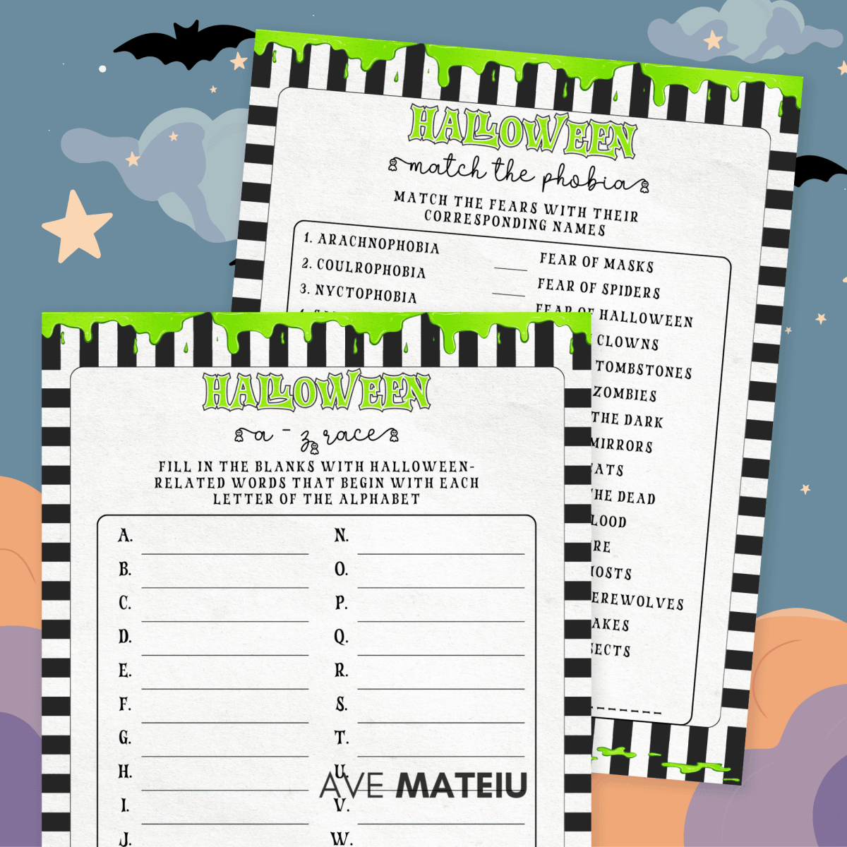 Halloween Match the Phobia and Printable Halloween A–Z Race game sheet printable quiz on night sky background with bats