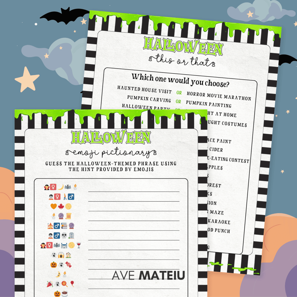 Halloween This or That printable game and Halloween Emoji Pictionary printable game displayed on Halloween Night Sky with bats
