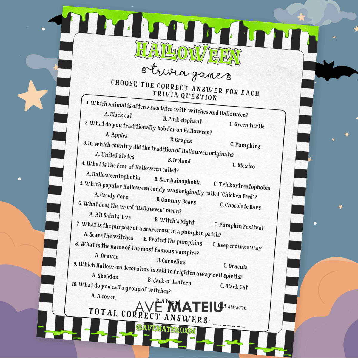 Printable Halloween Trivia Game displayed on spooky night sky with bats