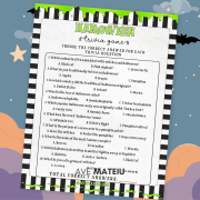 Printable Halloween Trivia Game displayed on spooky night sky with bats