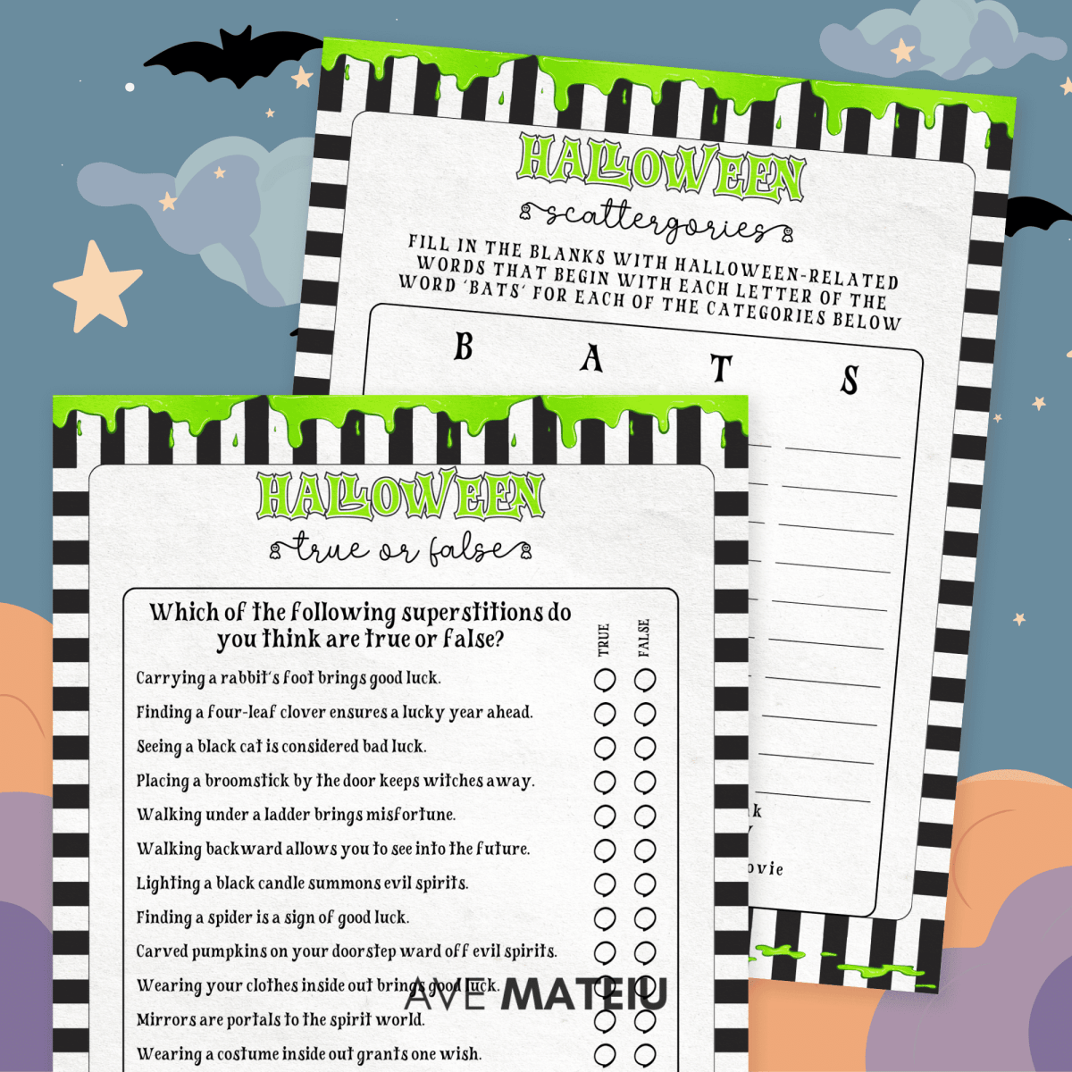 Halloween True or False printable game with Halloween Scattergories printable game sheet shown on dark night sky background with bats