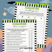 Halloween True or False printable game with Halloween Scattergories printable game sheet shown on dark night sky background with bats
