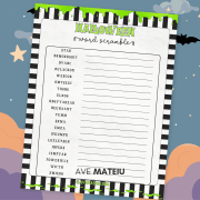 Printable Halloween Word Scramble activity sheet on bat-filled night sky background