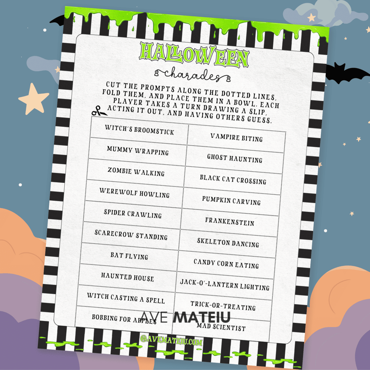 Printable Halloween Charades cards on Halloween Night Sky background with bats