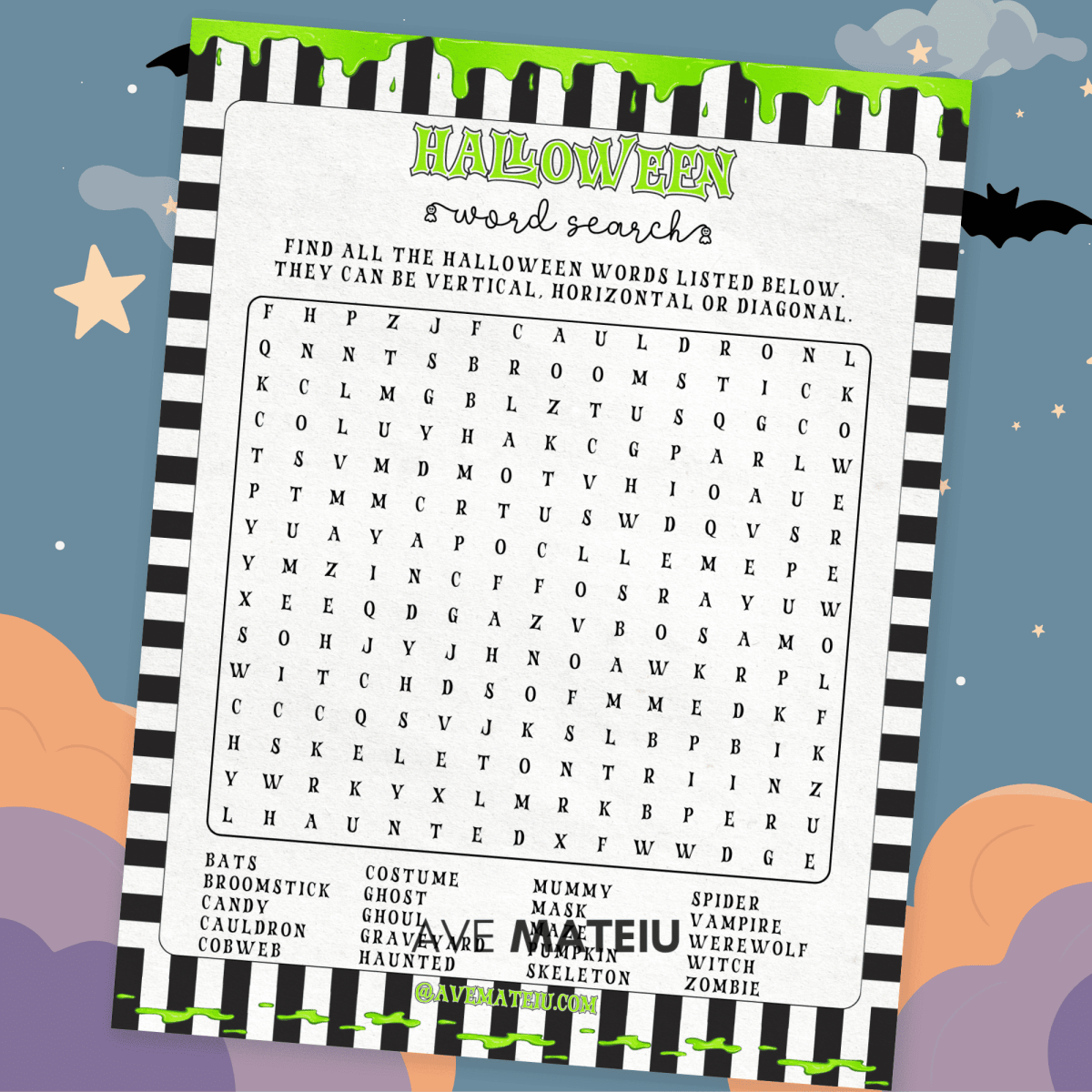 Printable Halloween Word Search game on Halloween Night Sky background with bats