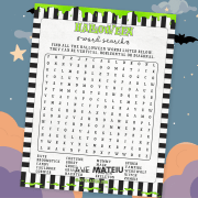 Printable Halloween Word Search game on Halloween Night Sky background with bats