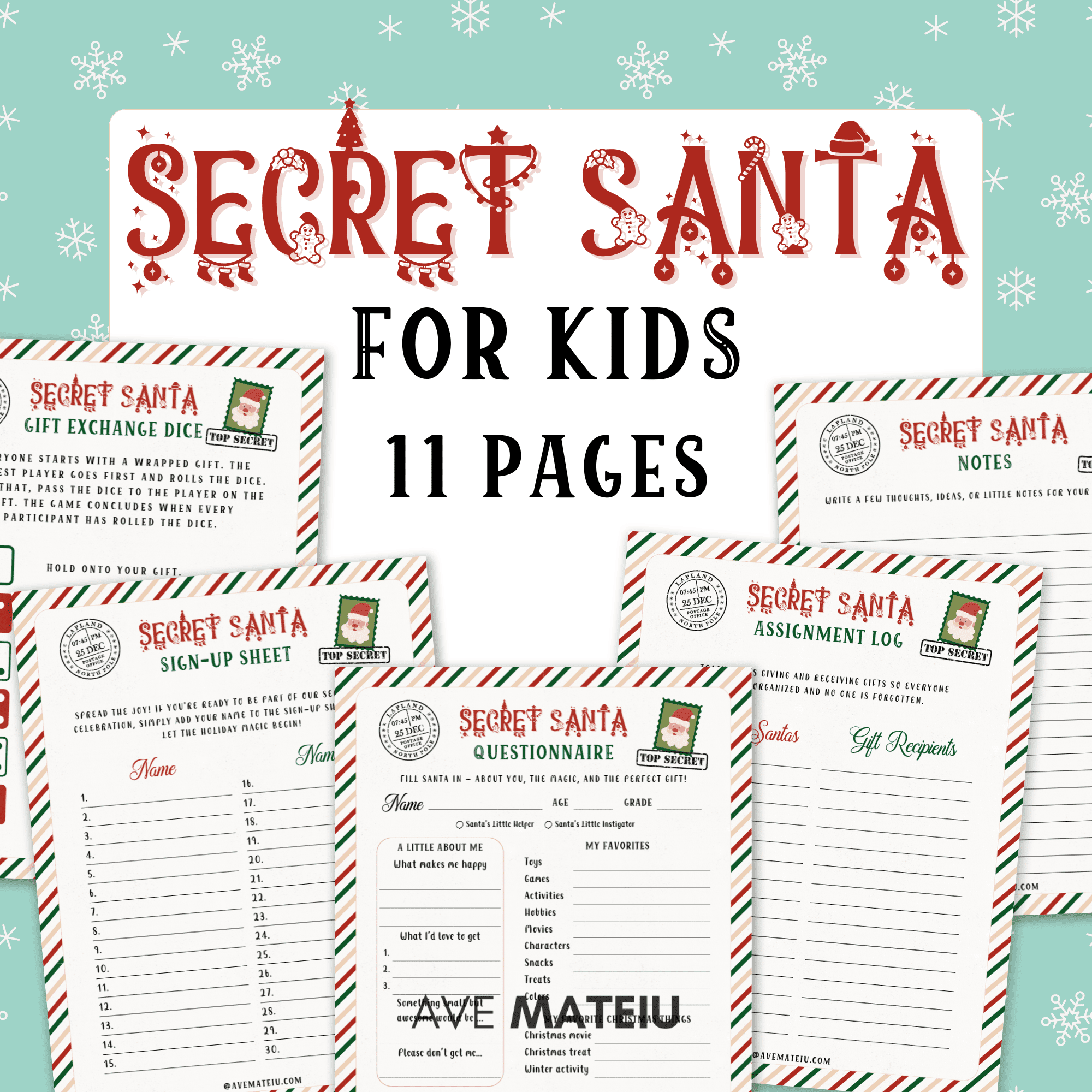 Secret Santa for Kids printable bundle, 11 pages, showing example pages: Questionnaire/Wish List, Sign-Up Sheet, Gift Exchange Dice Game, Notes, and Assignment Log