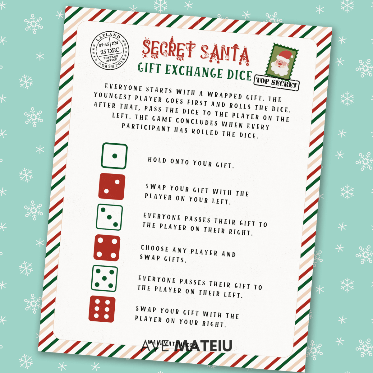 Christmas dice game printable for Secret Santa parties with fun and laughter-filled actions