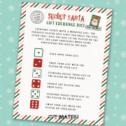 Christmas dice game printable for Secret Santa parties with fun and laughter-filled actions