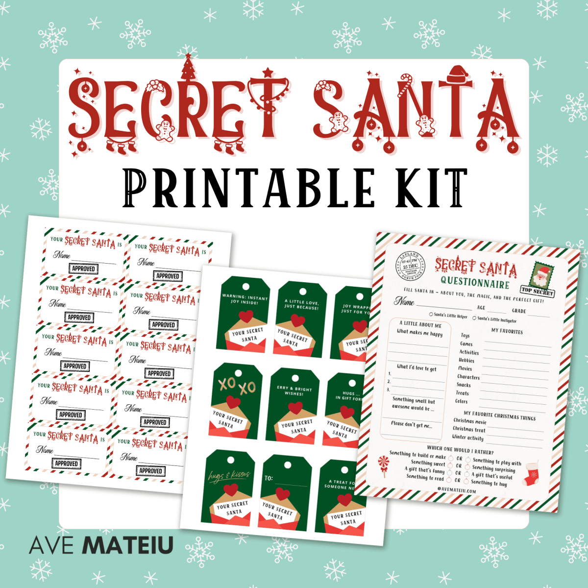 Printable Secret Santa name draw cards with festive illustrations and easy cut lines with Printable Secret Santa gift tags and Printable Secret Santa questionnaire or form for kids