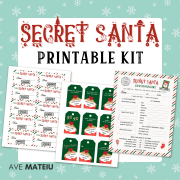 Printable Secret Santa name draw cards with festive illustrations and easy cut lines with Printable Secret Santa gift tags and Printable Secret Santa questionnaire or form for kids
