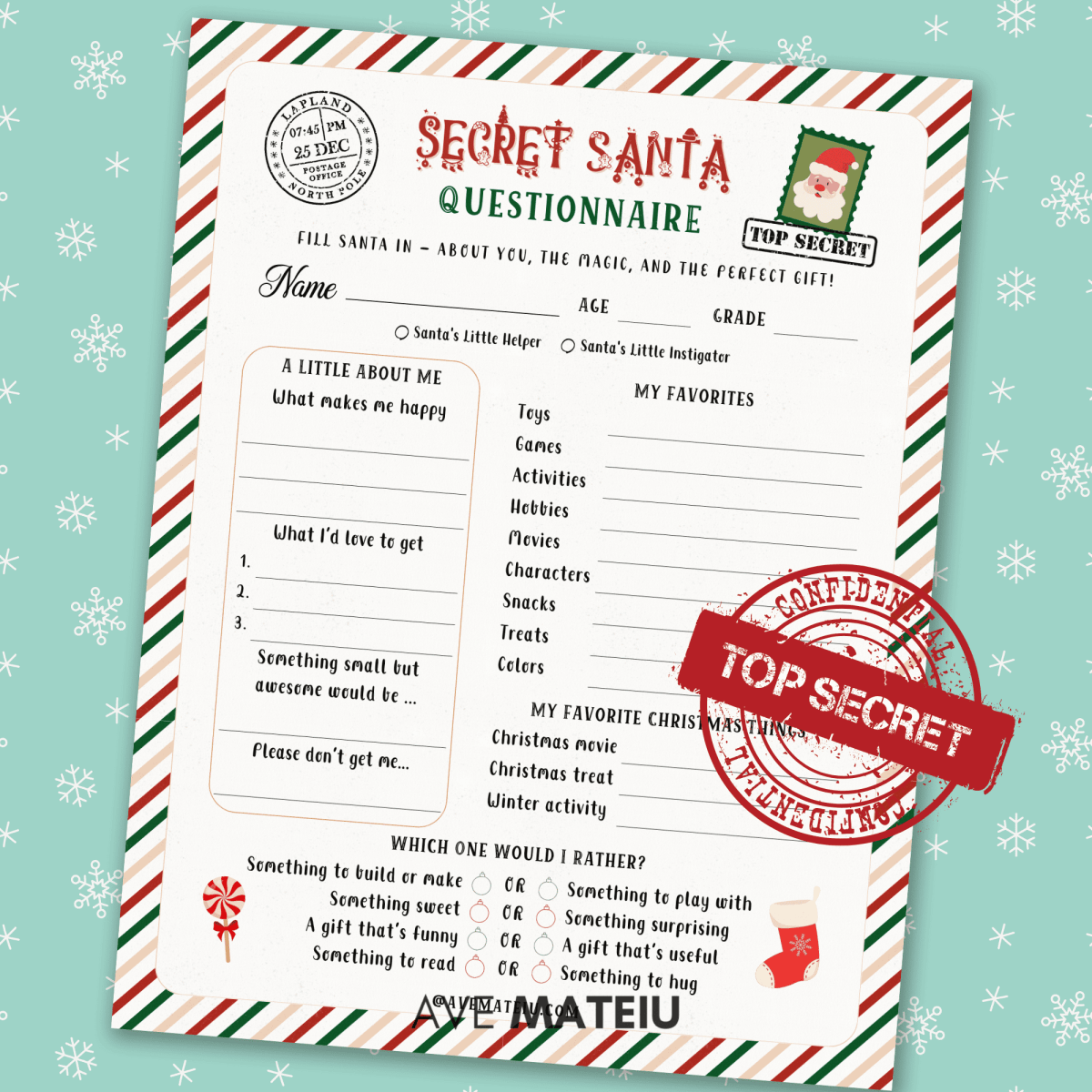 Printable Secret Santa questionnaire and wish list for kids to share their favorite gifts and activities