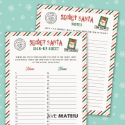 Secret Santa sign-up sheet with holiday design for collecting participants’ names and Printable Secret Santa notes page for kids to write kind holiday messages