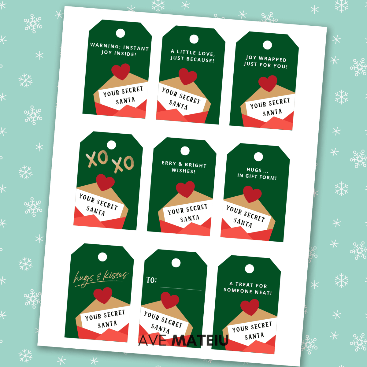 Printable Secret Santa gift tags with festive designs for labeling Christmas presents
