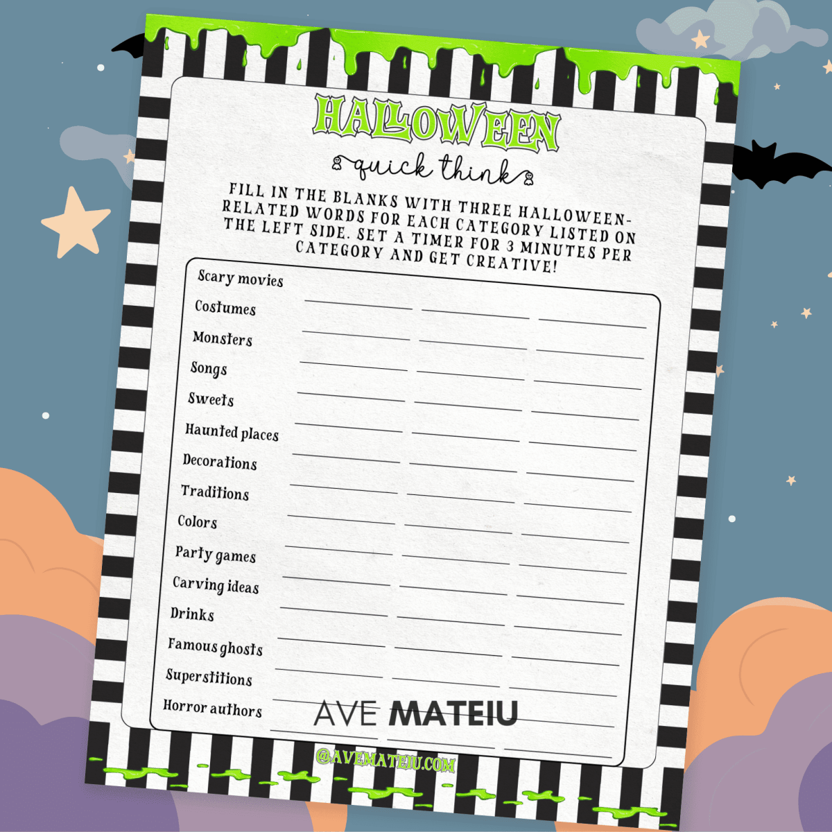 Printable Halloween Quick Think game on Halloween Night Sky background with bats