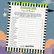 Printable Halloween Quick Think game on Halloween Night Sky background with bats