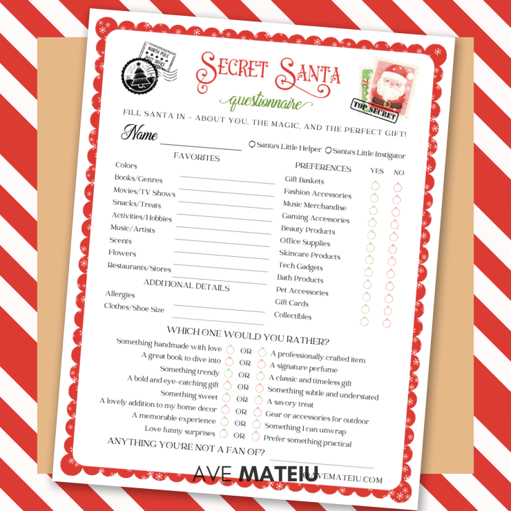 Printable Secret Santa wish list – fun questionnaire to learn what your gift recipient loves.