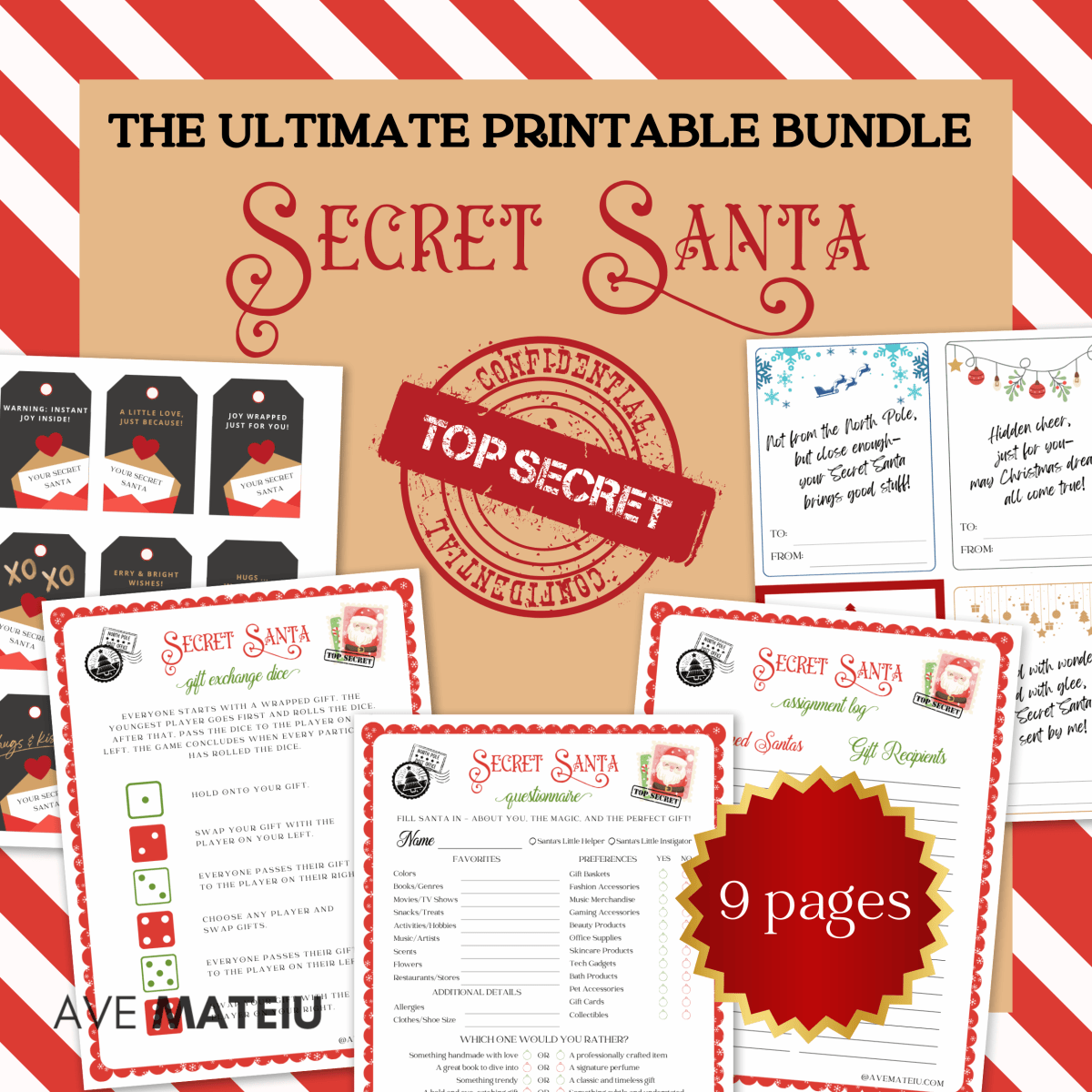 Ultimate Secret Santa Printable Bundle – Gift Exchange Kit with Wish list, Games, Tags, Cards & Notes | Christmas Party Printables
