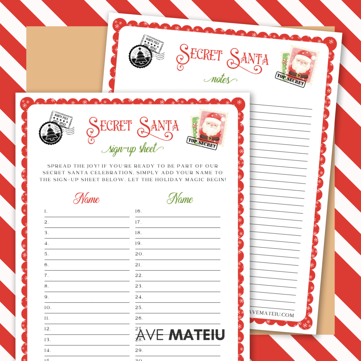 Secret Santa assignment log printable – track who is giving and receiving gifts and Secret Santa printable notes to write thoughtful messages for Christmas gifts