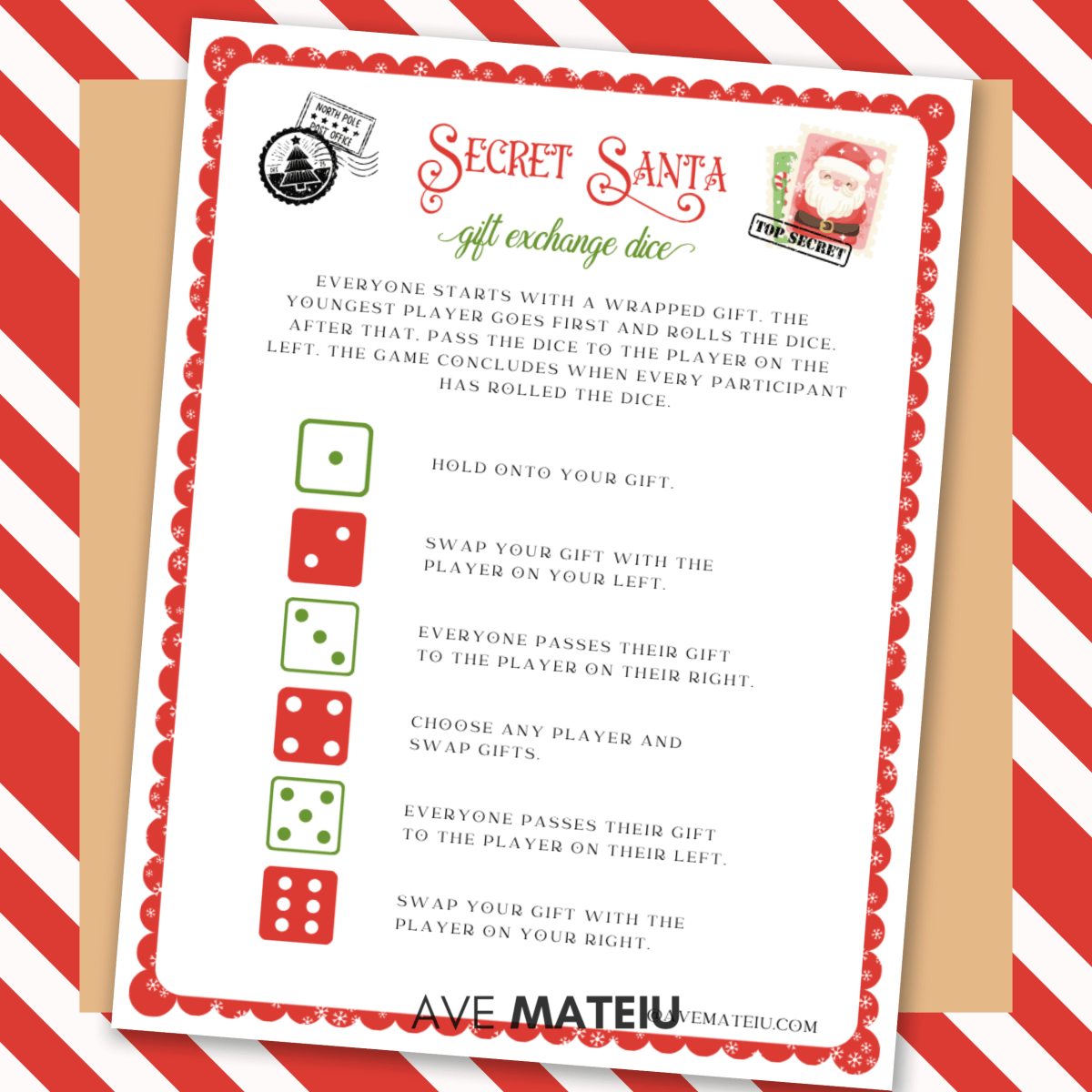 Secret Santa gift exchange dice game printable – fun Christmas activity for parties