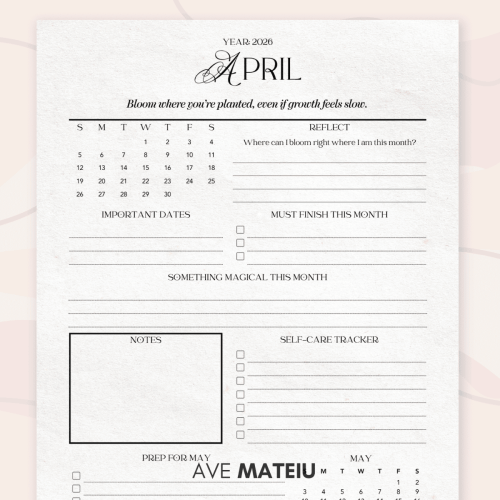 2026 April monthly calendar printable with motivational quote, inspirational planner page with important dates, notes, and monthly prep for productivity and mindfulness.