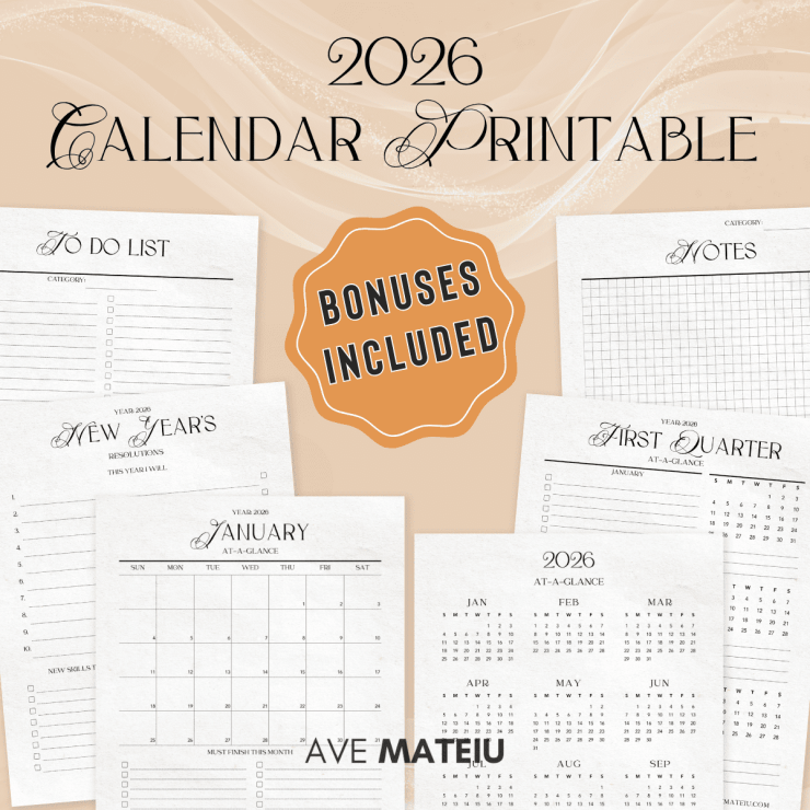 2026 Calendar Printable Bundle with stationery set including 2026 yearly calendar, January planner, notes pages, to-do lists, quarterly planner, and New Year’s Resolutions page, displayed with a “Bonuses Included” badge.